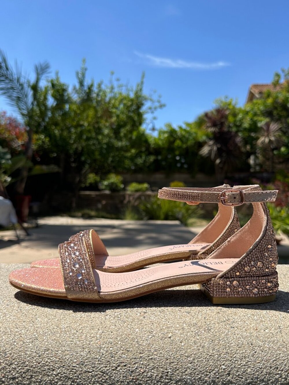 New Rose Gold Rhinestone Ankle Strap Dress Sandal Open Toe Low Heel Wedding/Prom